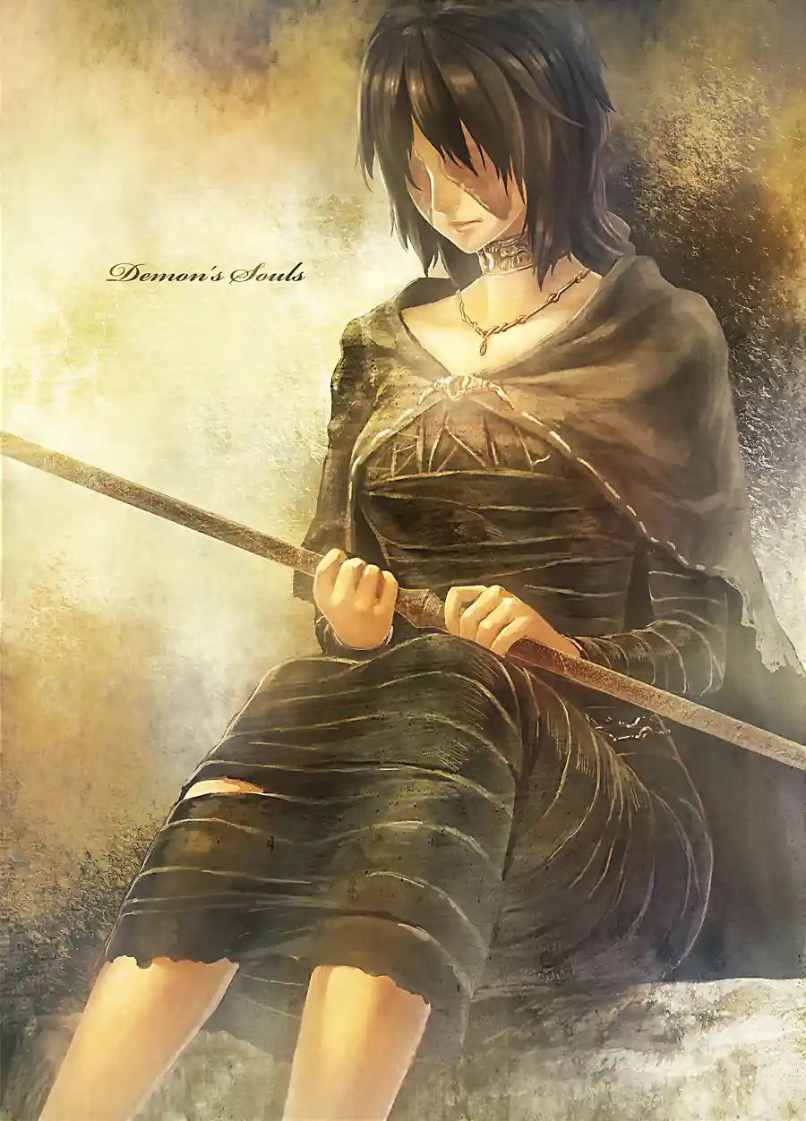 A stylized illustration of a female warrior with dark hair, wearing a tattered dark robe and holding a long staff, seated in…