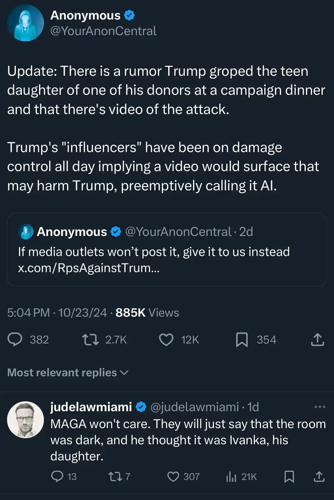 A screenshot of a Twitter thread from the account 'Anonymous @YourAnonCentral' discussing a rumor about Donald Trump groping…