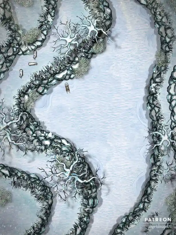 An overhead view of a snowy, icy landscape with jagged, tree-like ice formations bordering a central frozen expanse. A small…