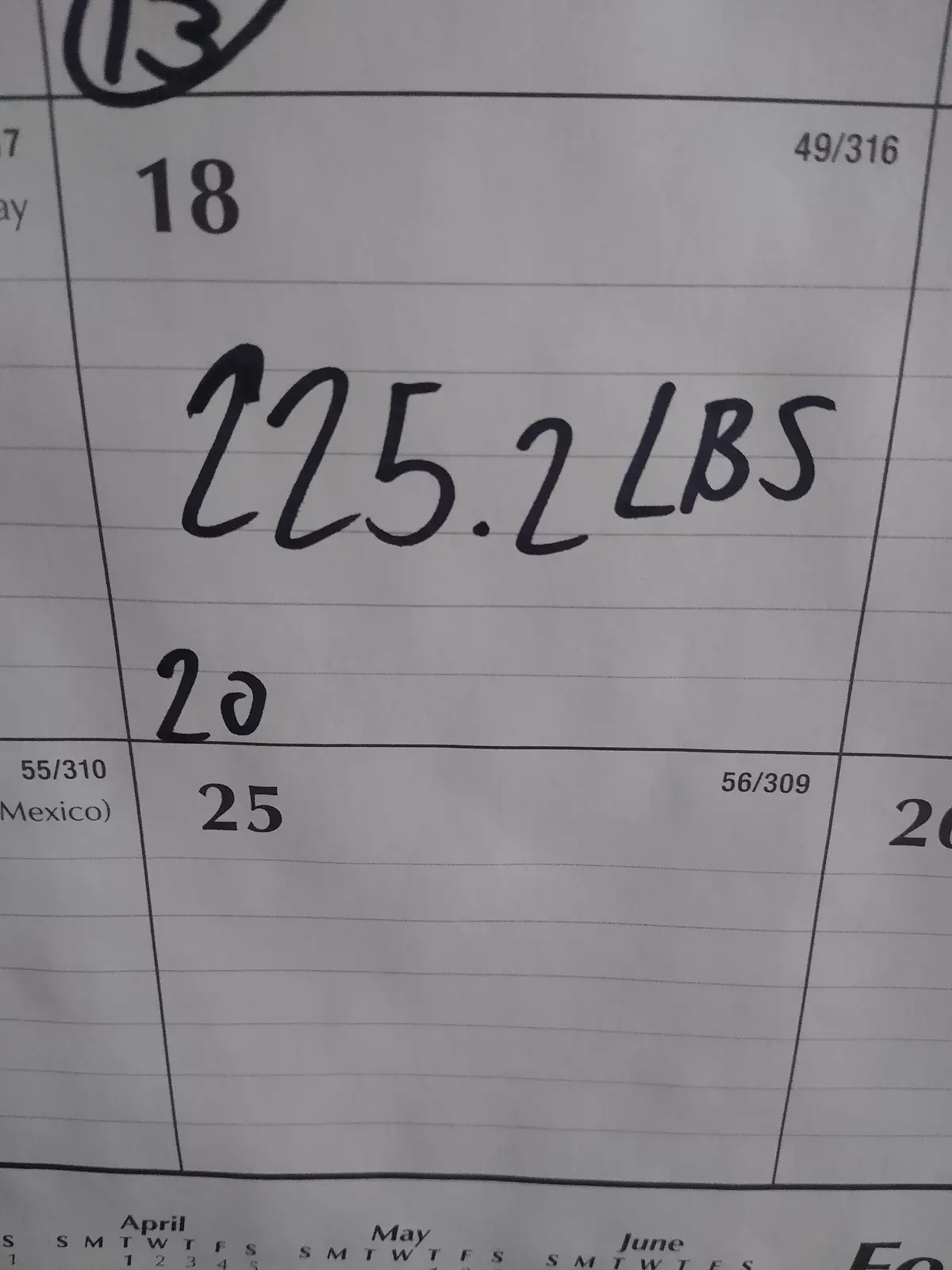 A close-up of a handwritten weight log in a calendar, showing '225.2 LBS' written in large black ink on the date '18' in…