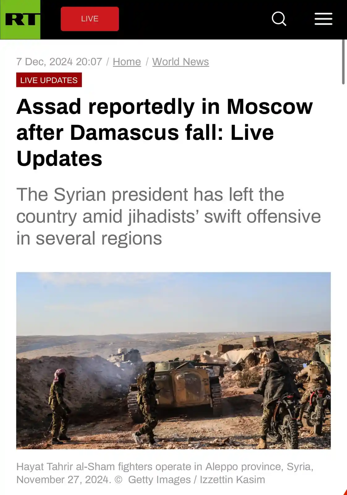 A screenshot of an RT news article dated December 7, 2024, reporting that Syrian President Assad is reportedly in Moscow…