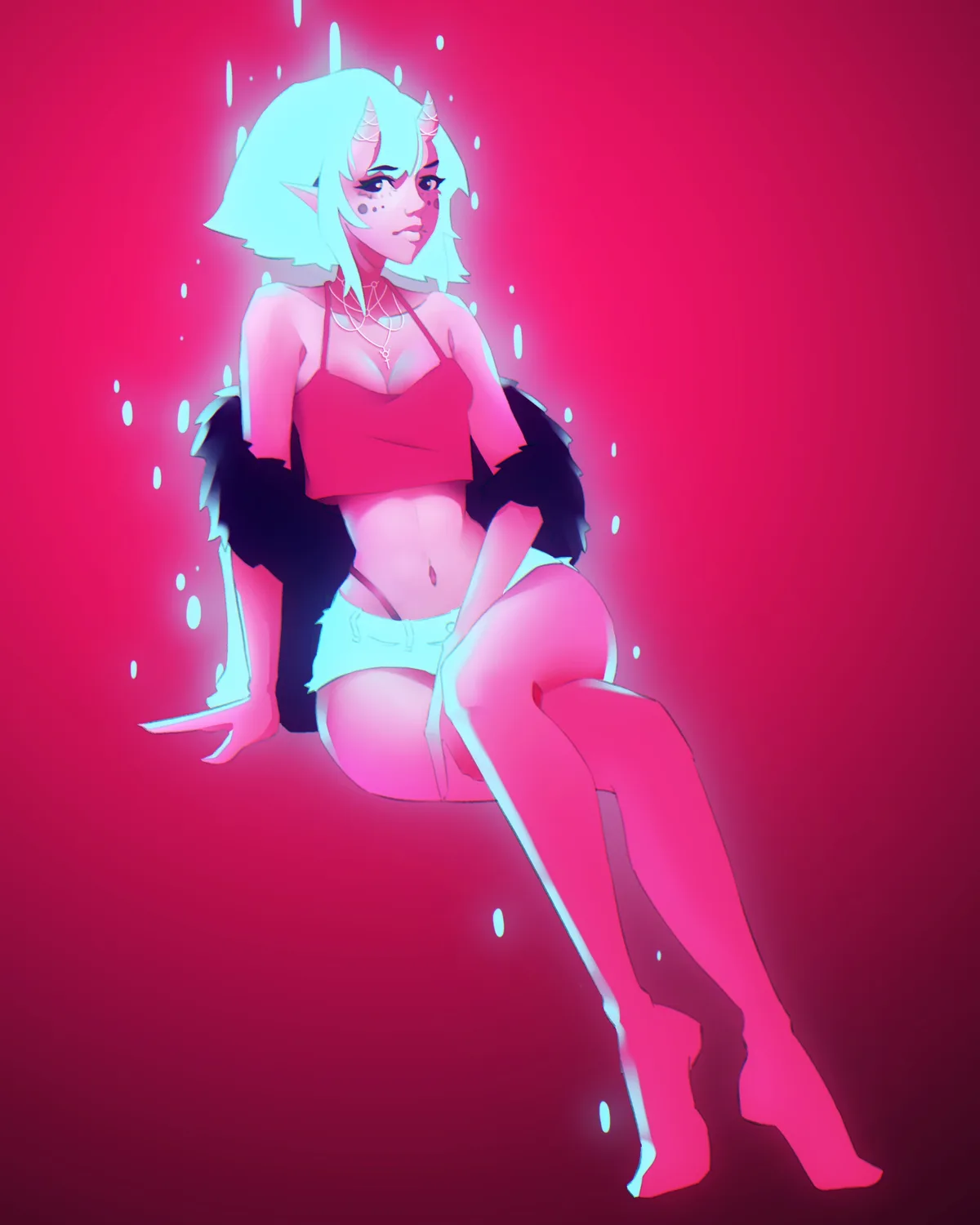 An anime-style illustration of a woman with light blue hair, small horns, and pointed ears, sitting in a suggestive pose…