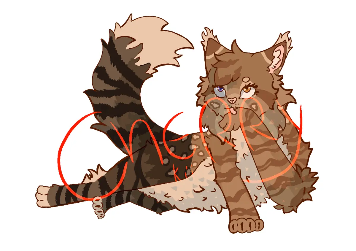 A cartoon illustration of a fluffy, long-haired tabby cat with heterochromatic eyes (one blue, one brown) and a slightly…