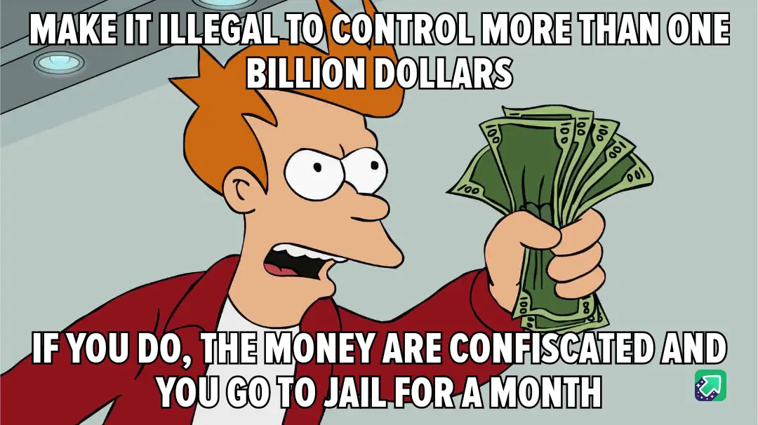 A cartoon character with spiky orange hair, wearing a red jacket, holds a fanned-out stack of $100 bills while looking…