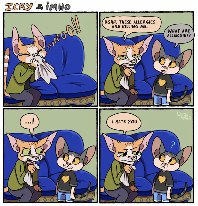 A four-panel comic strip featuring two cartoon cats. The first cat, looking sick, sneezes dramatically while holding a…