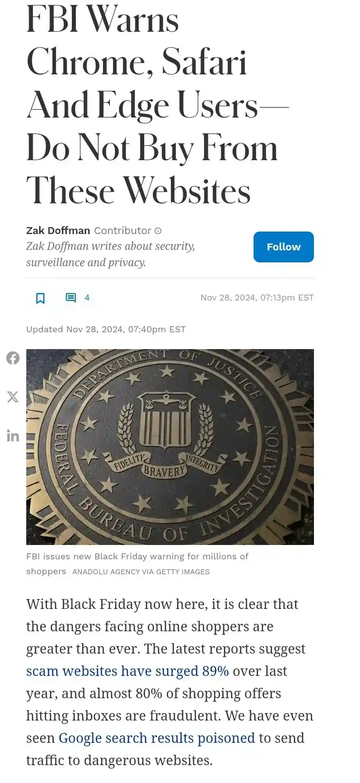 A screenshot of a news article with the headline 'FBI Warns Chrome, Safari And Edge Users—Do Not Buy From These Websites'…