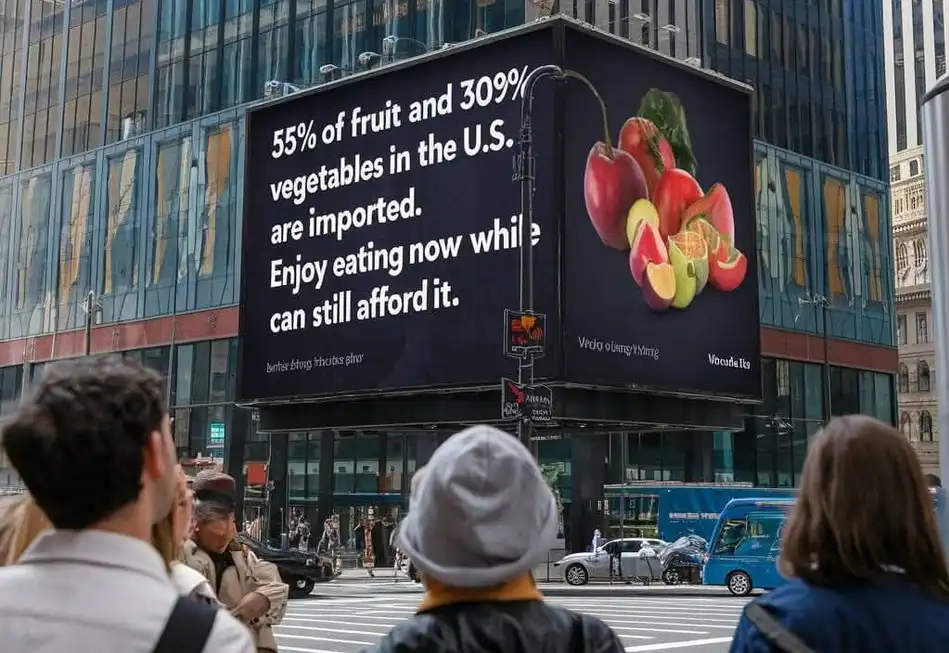 A large billboard in a city street shows a graphic of colorful fruit and vegetables with text stating '55% of fruit and 309%…