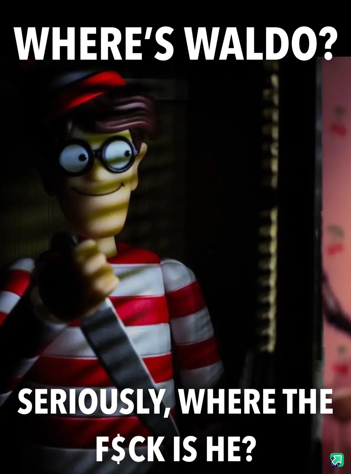 The image shows a close-up of the animated character Waldo from 'Where's Waldo?' wearing his iconic red-and-white striped…