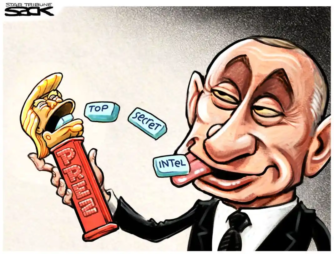 A cartoon caricature of Vladimir Putin, dressed in a suit and tie, is depicted with his tongue out, licking a blue candy…