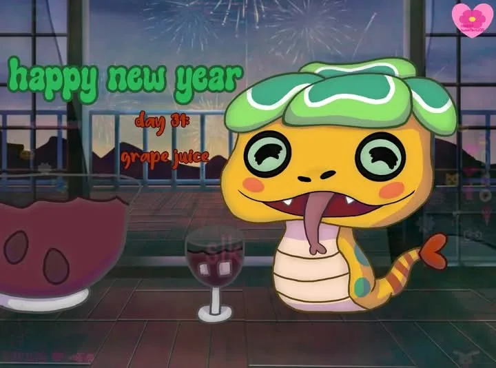 A cartoon yellow snake with a green hat and tongue out sits beside a glass of red liquid and a large pitcher, with fireworks…