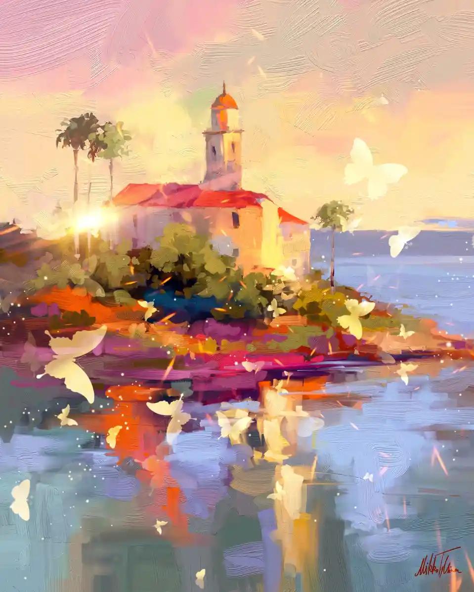 A vibrant, painterly digital artwork depicts a serene coastal scene with a small church or building on a hillside…