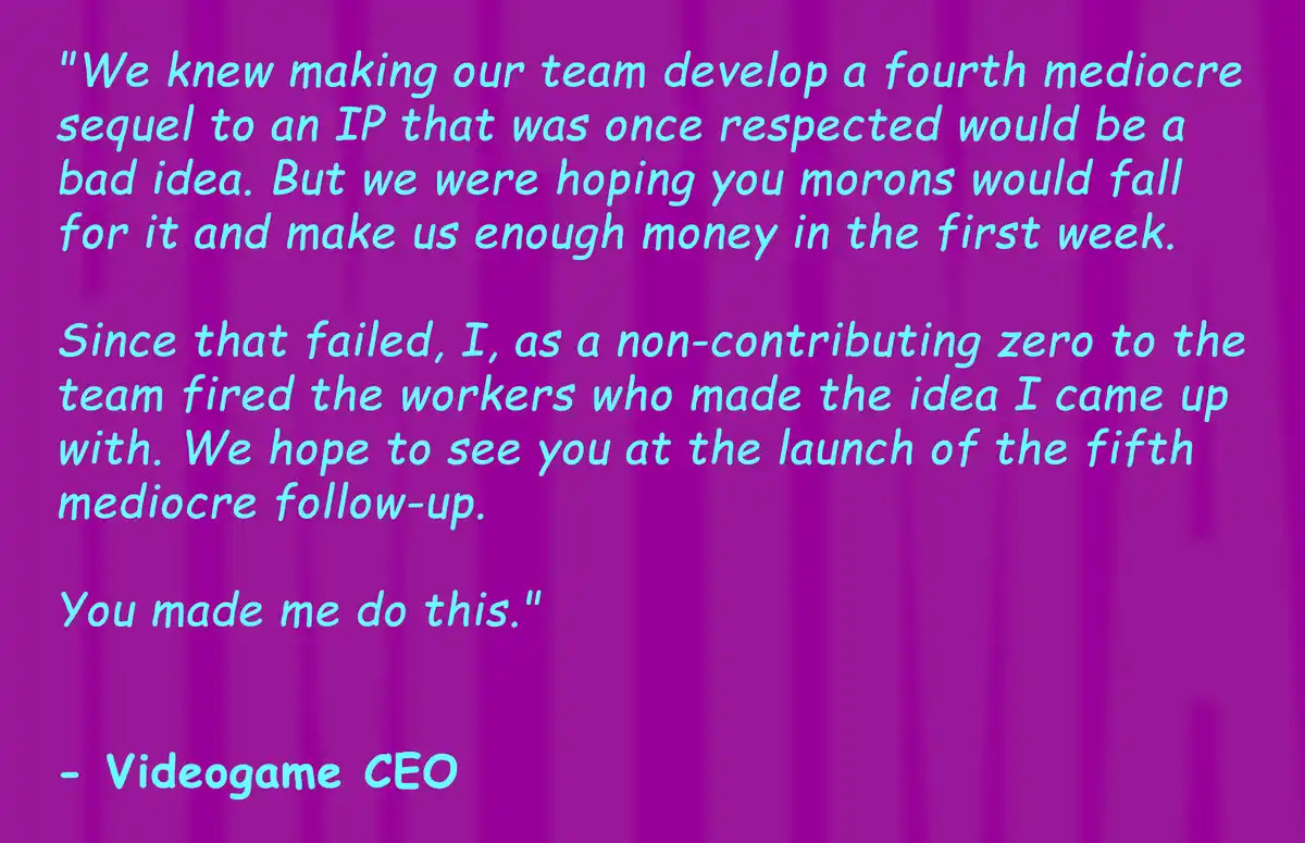 The image features a solid purple background with large, cyan-colored text that reads a fictional quote attributed to a…