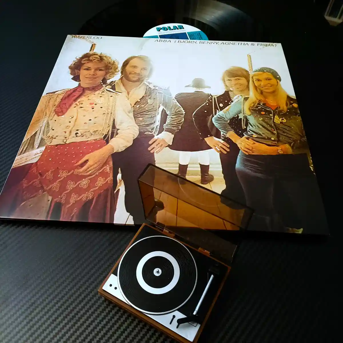 A vintage ABBA 'Waterloo' vinyl record album cover featuring the band members Björn, Benny, Agnetha & Frida in 1970s…