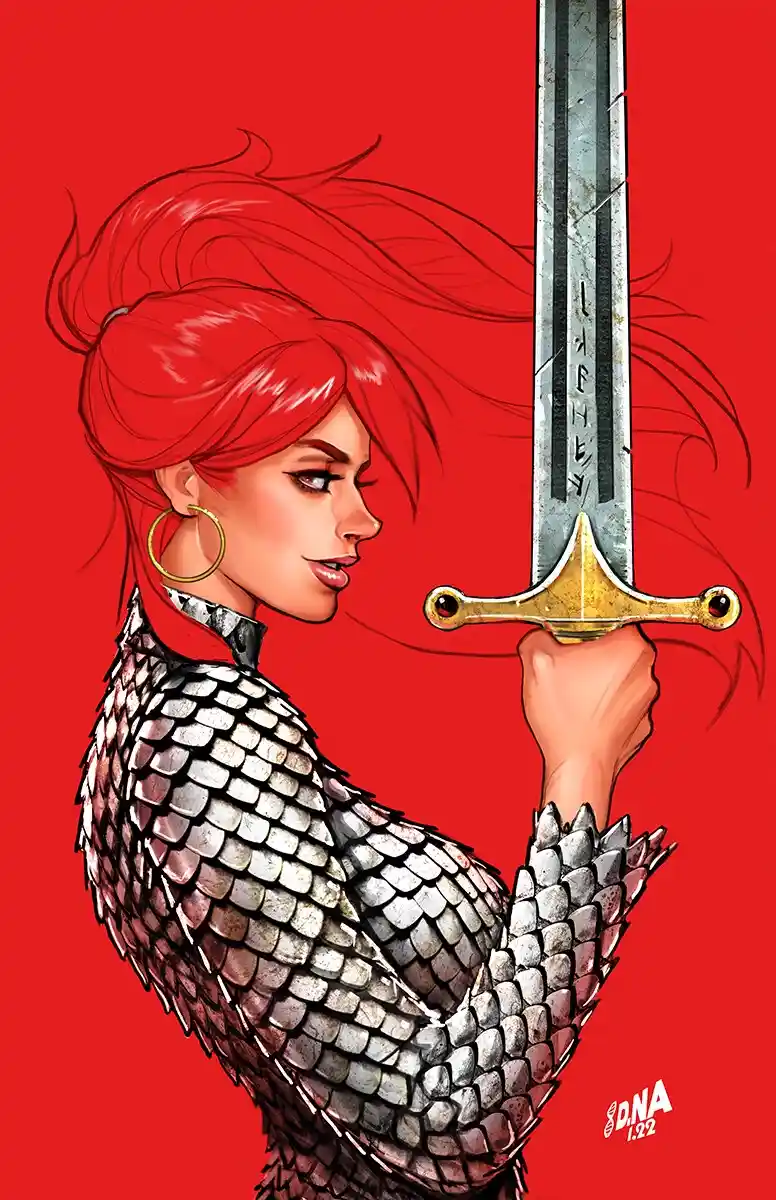 A woman with red hair in a high ponytail and gold hoop earrings wears silver scale armor and holds a sword upright. The…