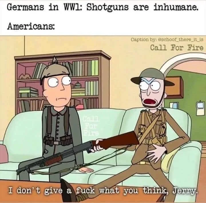 Two cartoon soldiers sit on a couch; one in a grey uniform holds a shotgun while the other in a brown uniform reacts with…