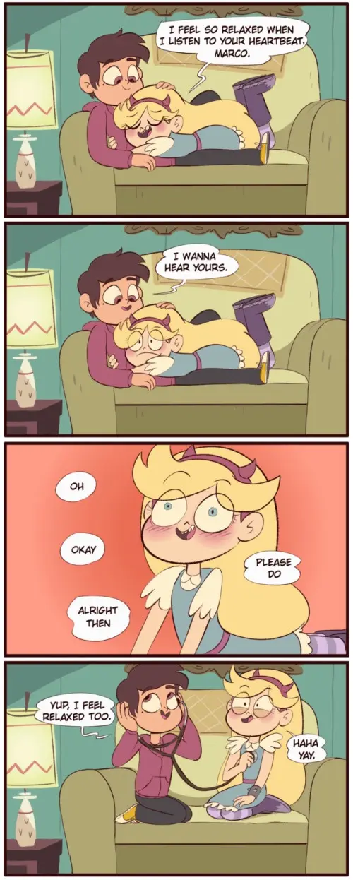 A four-panel comic strip featuring Star and Marco from 'Star vs. the Forces of Evil'. In the first panel, Star lies on…