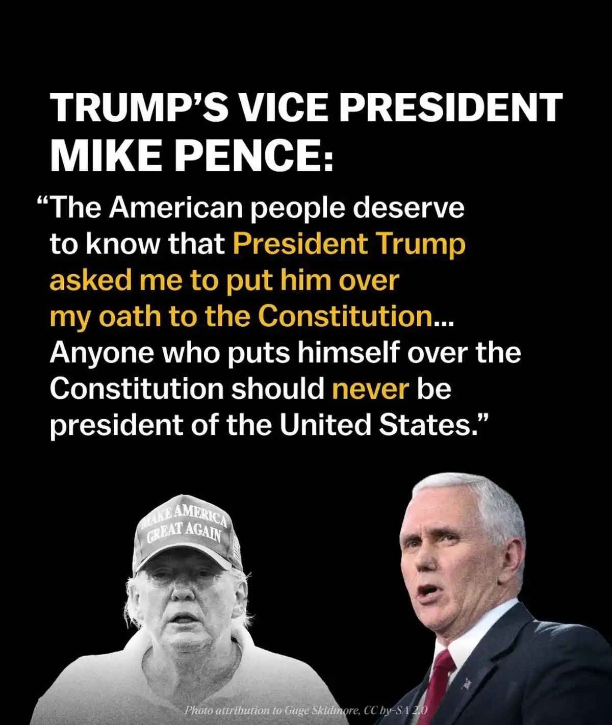 The image displays two men against a black background. On the left is Donald Trump in black and white, wearing a 'Make…
