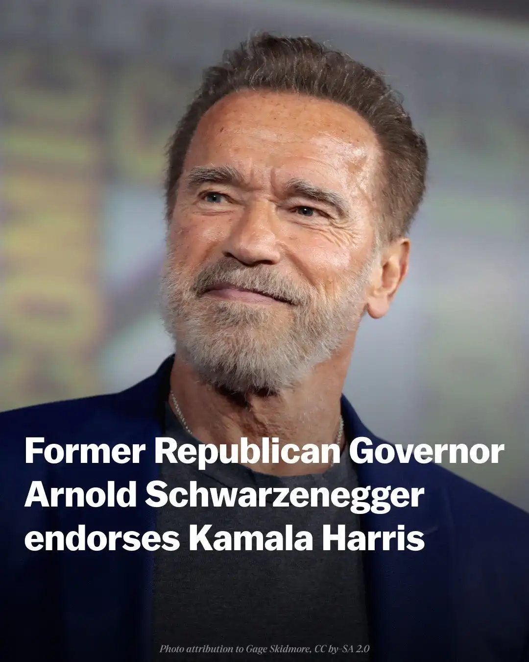 A close-up photo of Arnold Schwarzenegger smiling, with white text overlaid that reads 'Former Republican Governor Arnold…