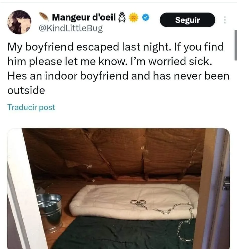 A screenshot of a social media post shows a photo of an empty dog bed with a chain and collar lying on it, next to a metal…