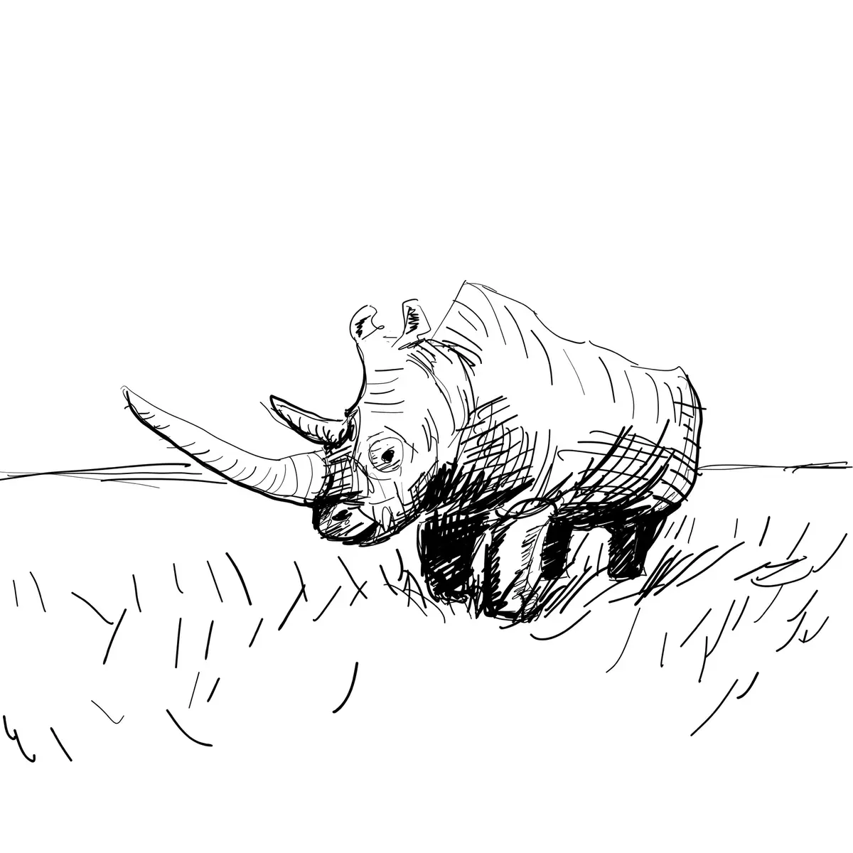 A black-and-white sketch shows a rhinoceros lying on its side in grass, looking distressed or exhausted. The overlaid text…