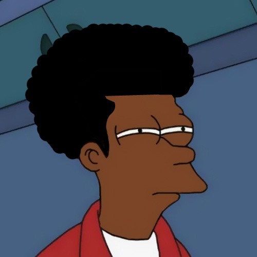 A cartoon character with a large afro and glasses, wearing a red jacket over a white shirt, looks sideways with a skeptical…