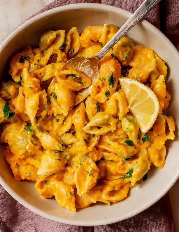A close-up photo shows a white bowl filled with shell-shaped pasta coated in a thick, orange-colored sauce, garnished with…