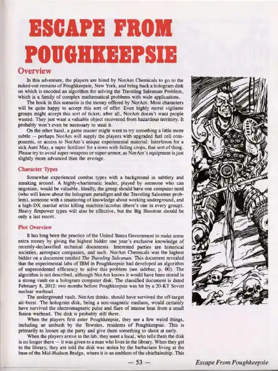 A scanned page from a role-playing game adventure titled 'Escape From Poughkeepsie' features text describing a plot where…