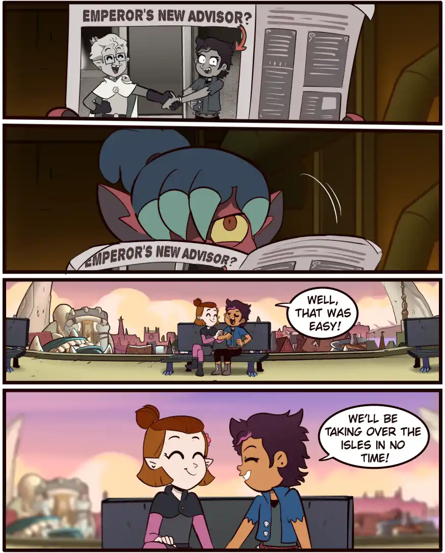 A four-panel comic strip from 'The Owl House' shows a newspaper headline 'EMPEROR'S NEW ADVISOR?' featuring two characters…