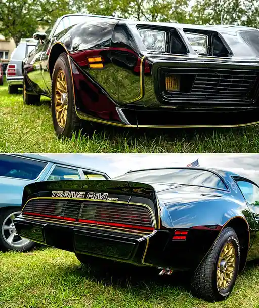 The image displays two photos of a black Pontiac Trans Am with gold trim and wheels, parked on grass. The top photo shows…