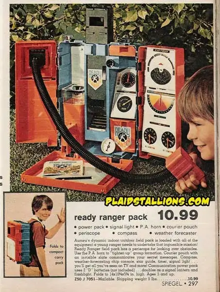 A vintage 1970s advertisement for a 'Ready Ranger Pack' priced at $10.99, showing a young boy smiling while holding the red…