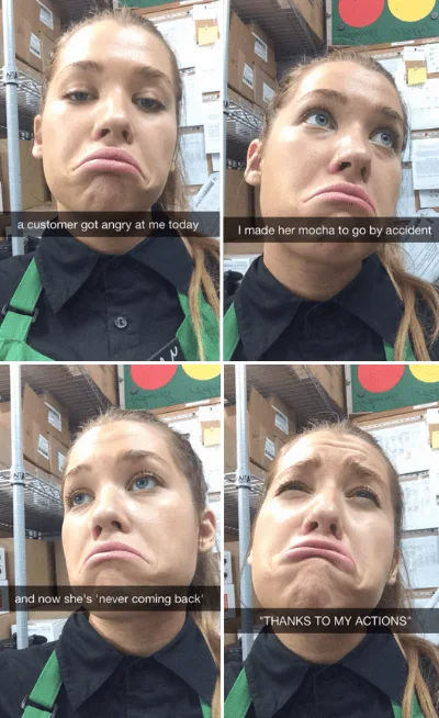A four-panel image shows a young woman in a black shirt and green apron, likely a barista, in a warehouse or cafe setting…