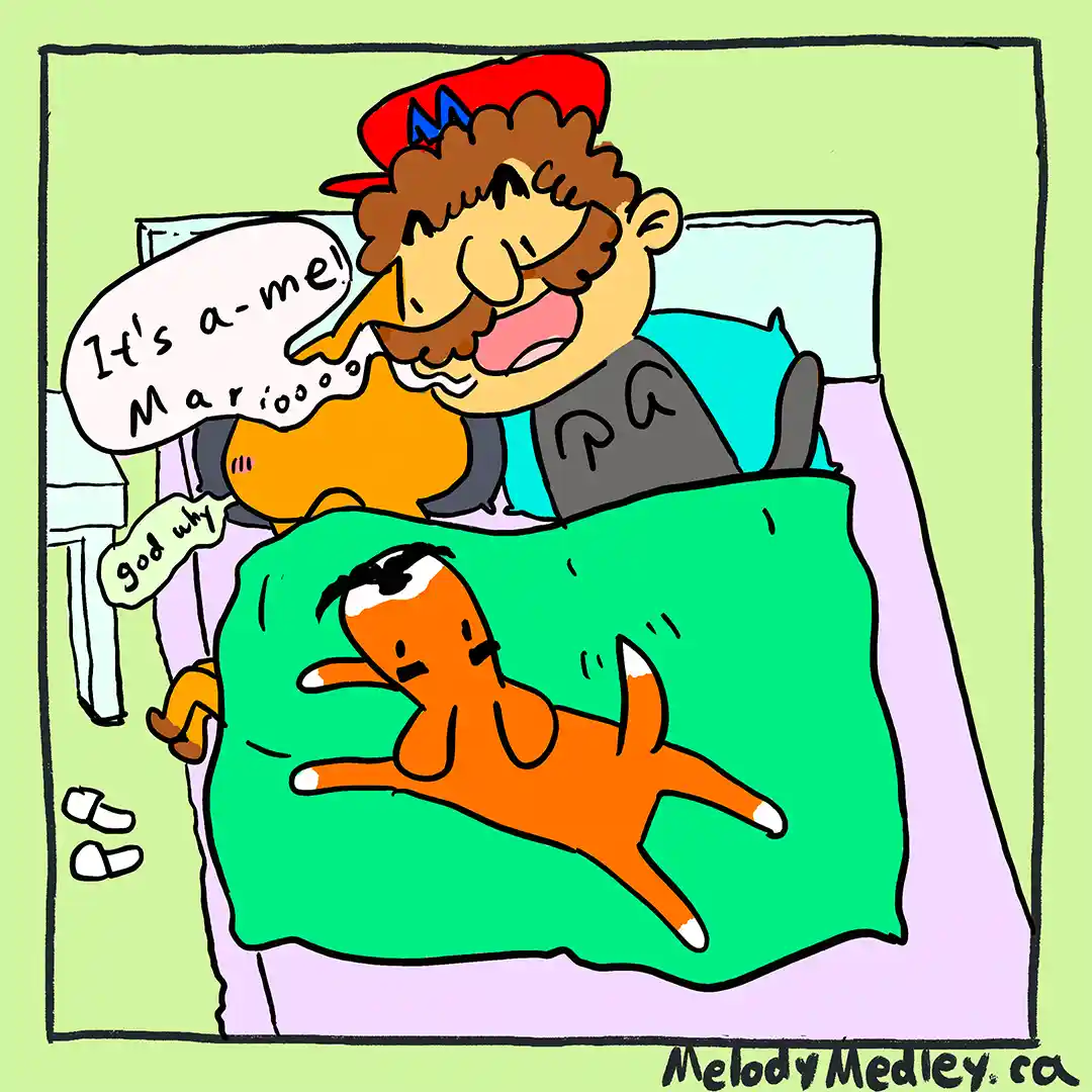 A cartoon drawing shows a man in a red cap and mustache, resembling Mario, sitting up in bed and shouting 'It's a-me!…