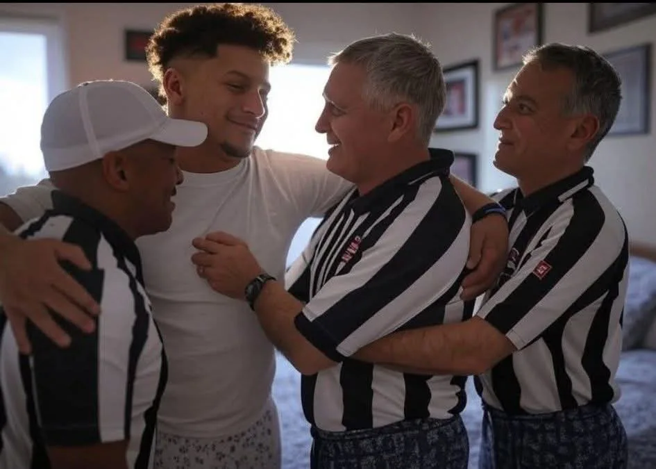 Three men in black-and-white striped referee shirts stand in a bedroom, arms around a smiling man in a white t-shirt and…