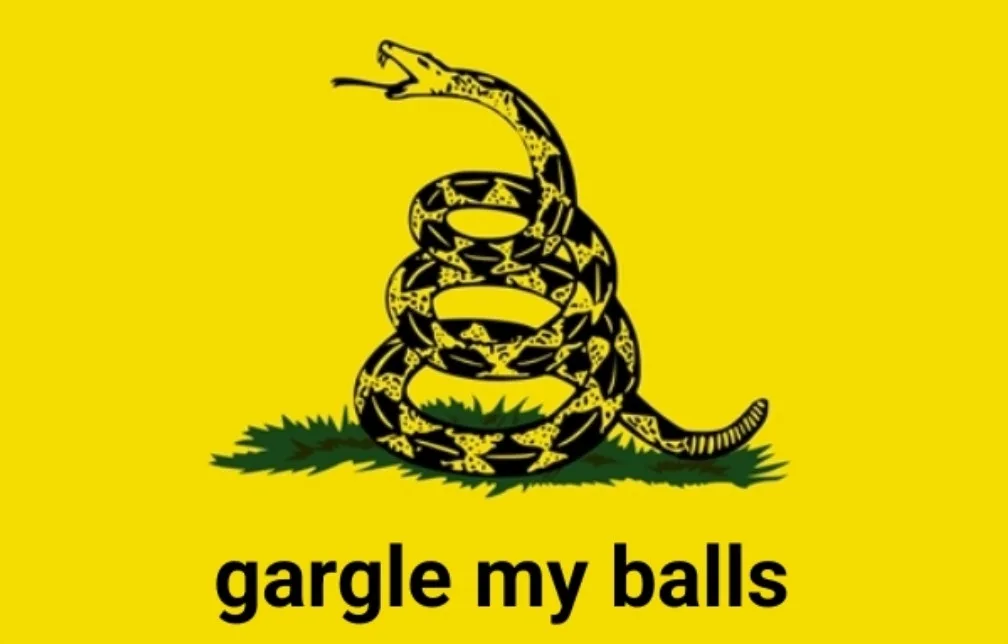 The image displays the iconic Gadsden flag, featuring a coiled black rattlesnake on a yellow background with green grass at…