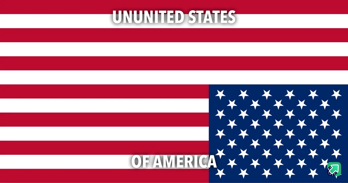 The image displays the American flag with the words 'UNUNITED STATES' overlaid across the top red stripe and 'OF AMERICA'…