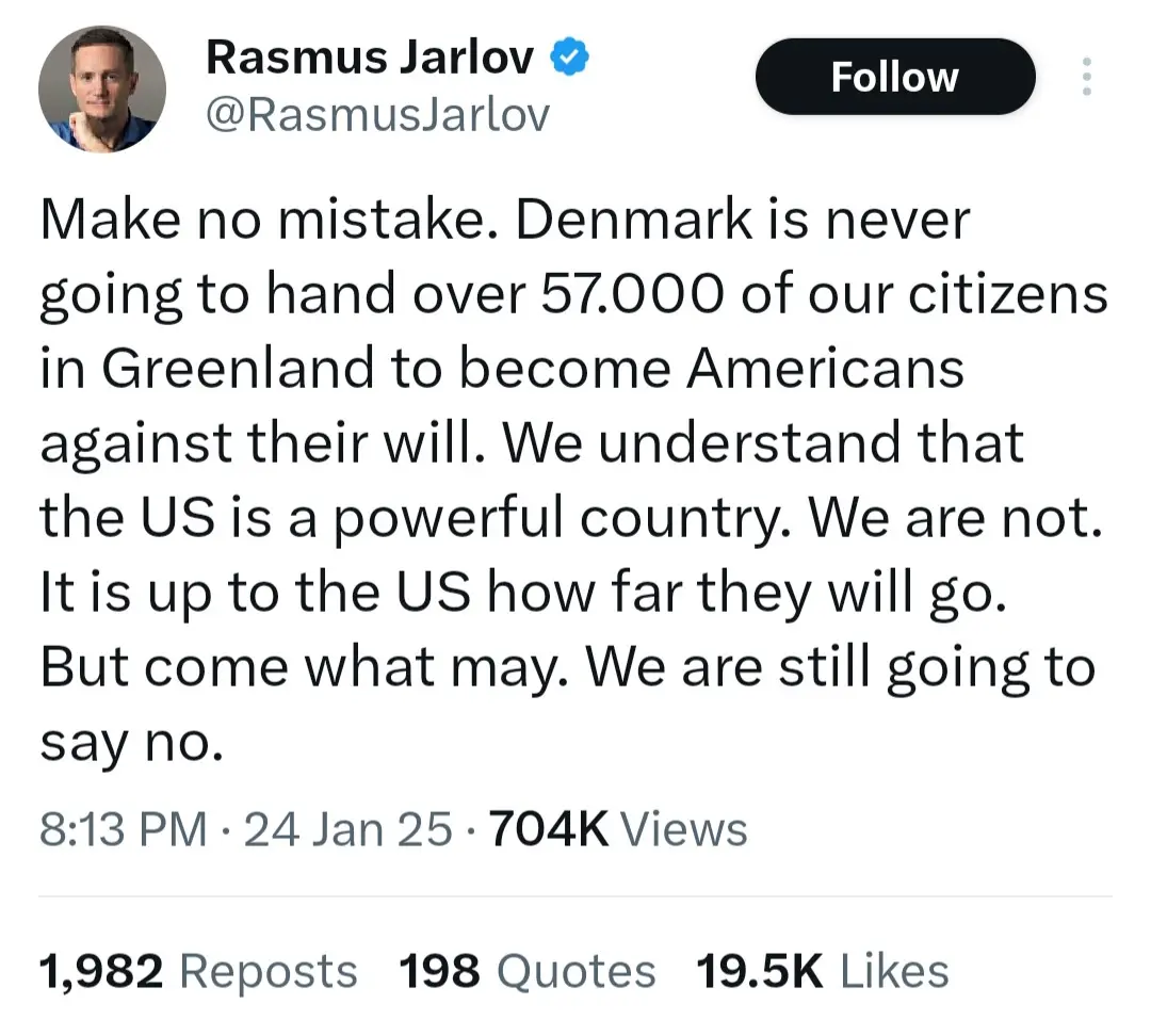 A screenshot of a tweet by Rasmus Jarlov, a verified Danish Twitter user, stating Denmark will not hand over 57,000…