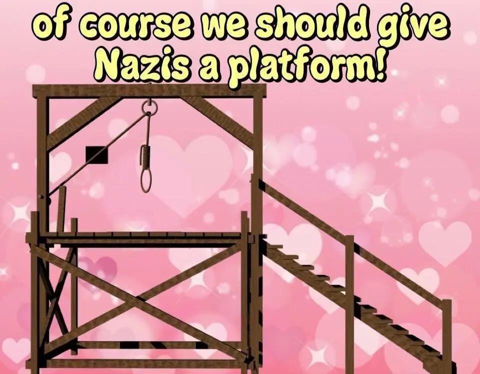 An illustration of a wooden gallows with a noose hanging from a beam, set against a pink background filled with hearts and…
