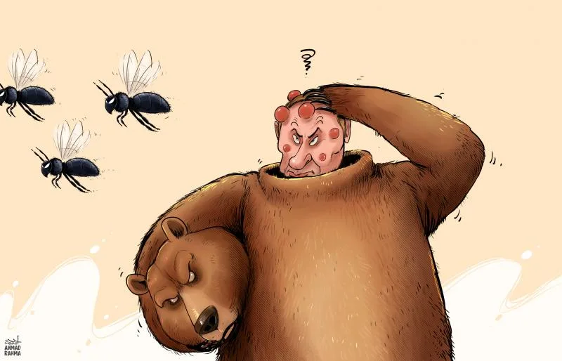 A cartoon bear with a human face, covered in red bug bites, scratches his head in frustration while three black flies buzz…