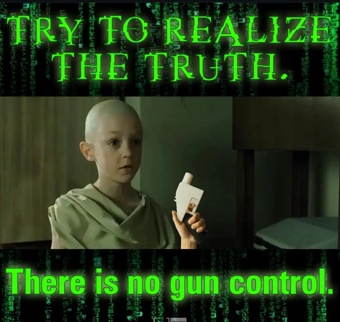 The image features a young, bald child in a green robe holding a white toy gun, set against a background of falling green…