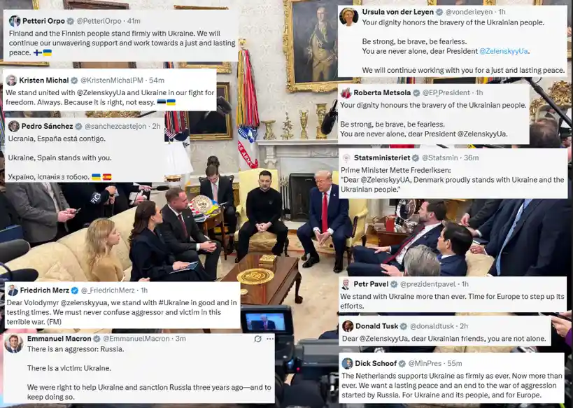 A photo of Ukrainian President Volodymyr Zelenskyy seated in the Oval Office with U.S. President Donald Trump, surrounded by…