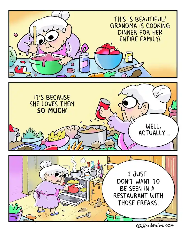 A three-panel comic strip shows an elderly woman cooking in a messy kitchen. In the first panel, she stirs a pink mess in a…