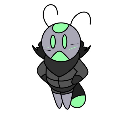 A cartoon drawing of a gray, insect-like creature with green glowing eyes, antennae, and a green patch on its head, wearing…
