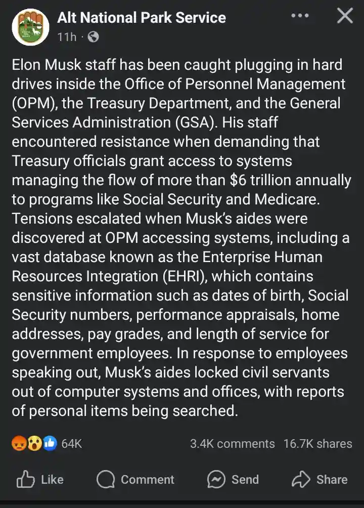 A screenshot of a social media post from 'Alt National Park Service' that reads like a satirical news report, falsely…