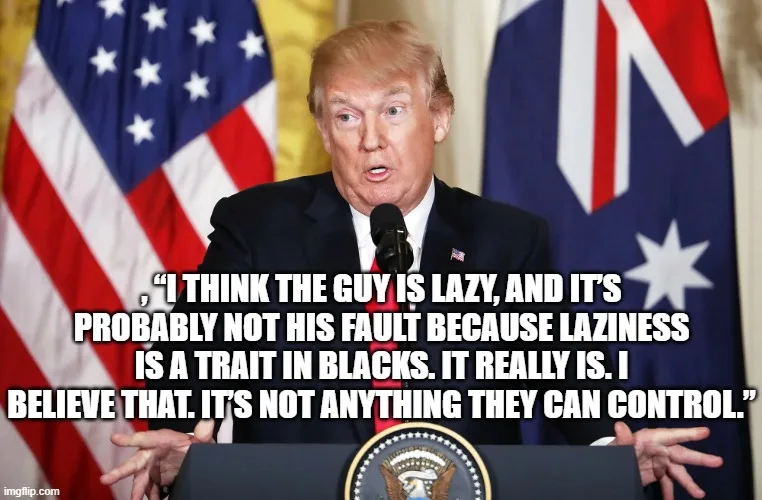 A photo of Donald Trump speaking at a podium with American and Australian flags behind him. White text overlaid on the image…