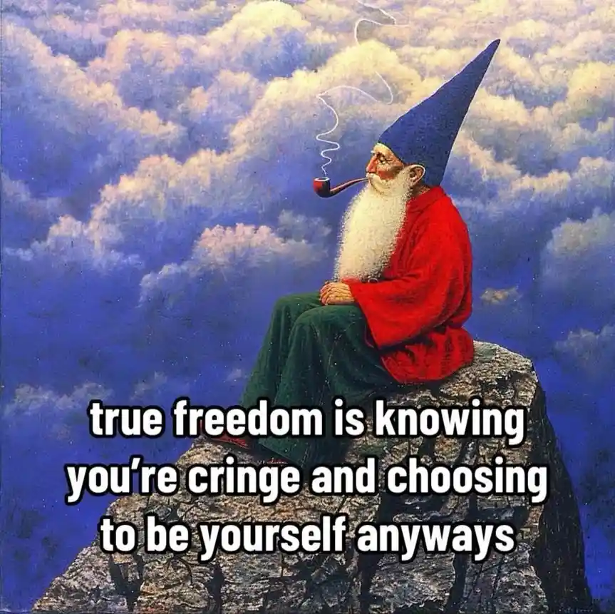 A painting depicts a gnome with a blue pointed hat, red robe, and green pants, sitting atop a rocky outcrop against a…