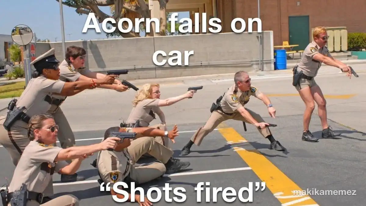 A group of police officers in tan uniforms are shown in various shooting stances, aiming handguns in a parking lot. The text…