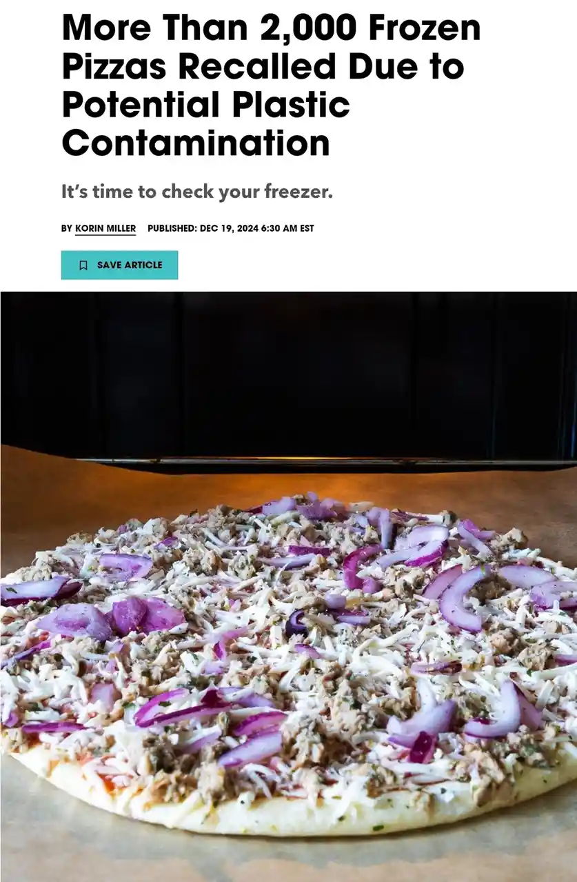 A news article headline reads 'More Than 2,000 Frozen Pizzas Recalled Due to Potential Plastic Contamination' with a…