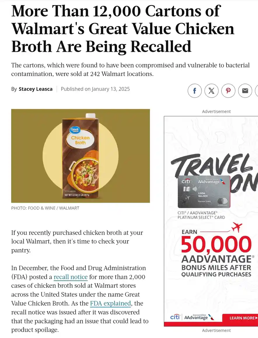 A screenshot of a news article about a Walmart chicken broth recall, featuring a photo of the product carton and an…