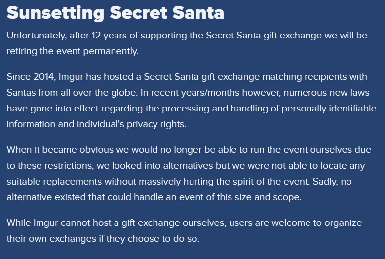 A dark blue background with white text mimicking a formal announcement from Imgur. The text explains that after 12 years…