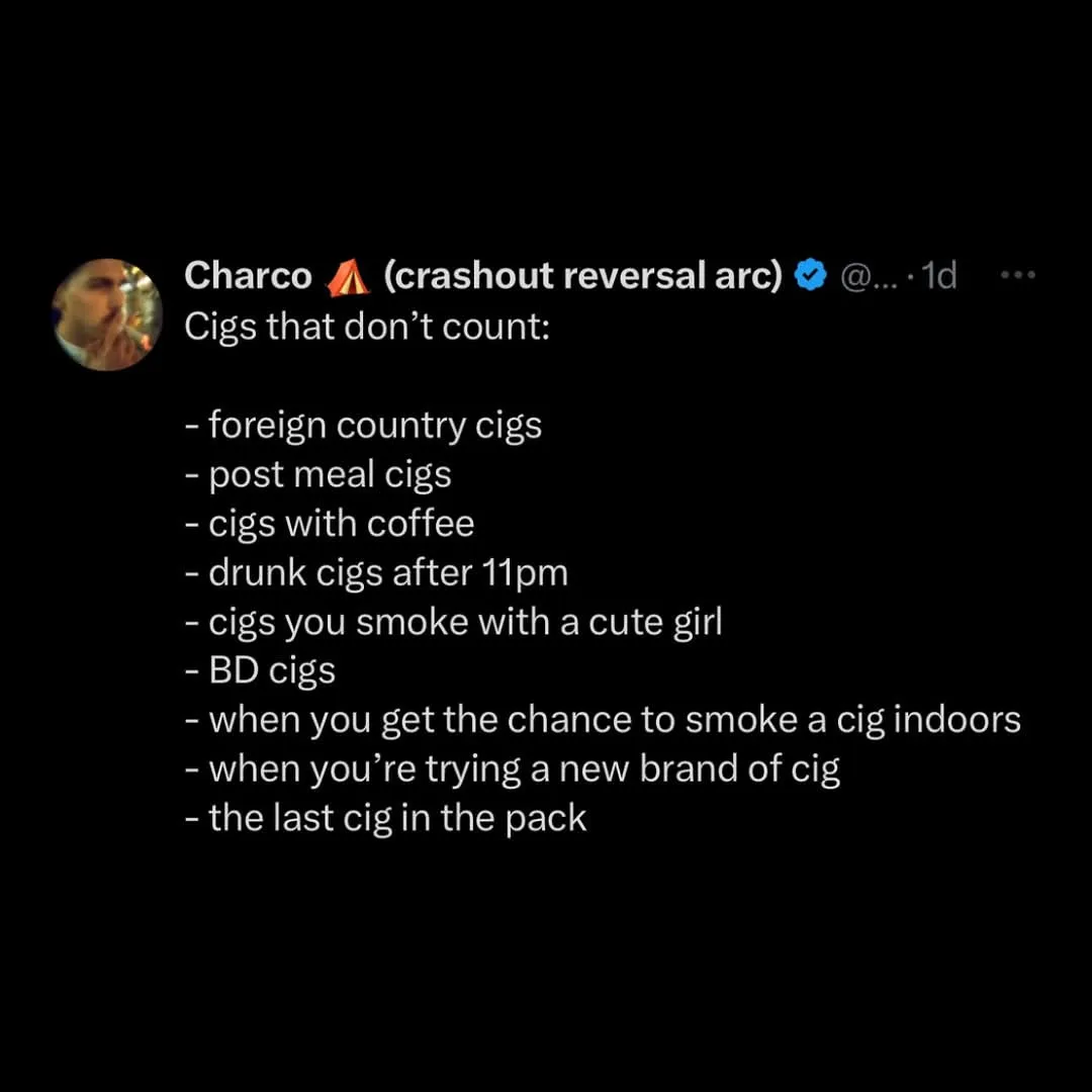 A screenshot of a social media post by 'Charco' listing 'Cigs that don't count' with a bulleted list of nine scenarios…